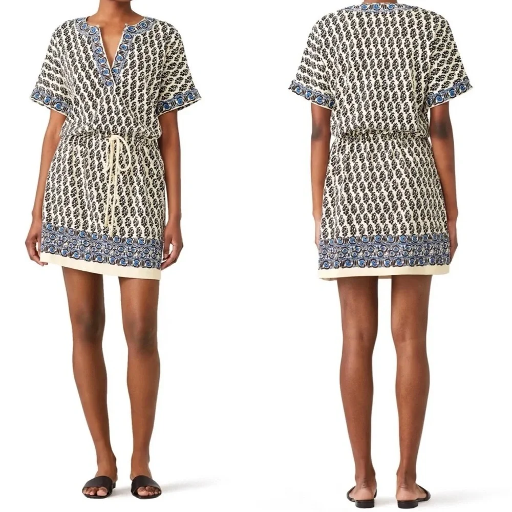 Tory Burch 100% Pima Cotton Ivory Guru Border Blue Amara Dress XS Coastal Brunch
